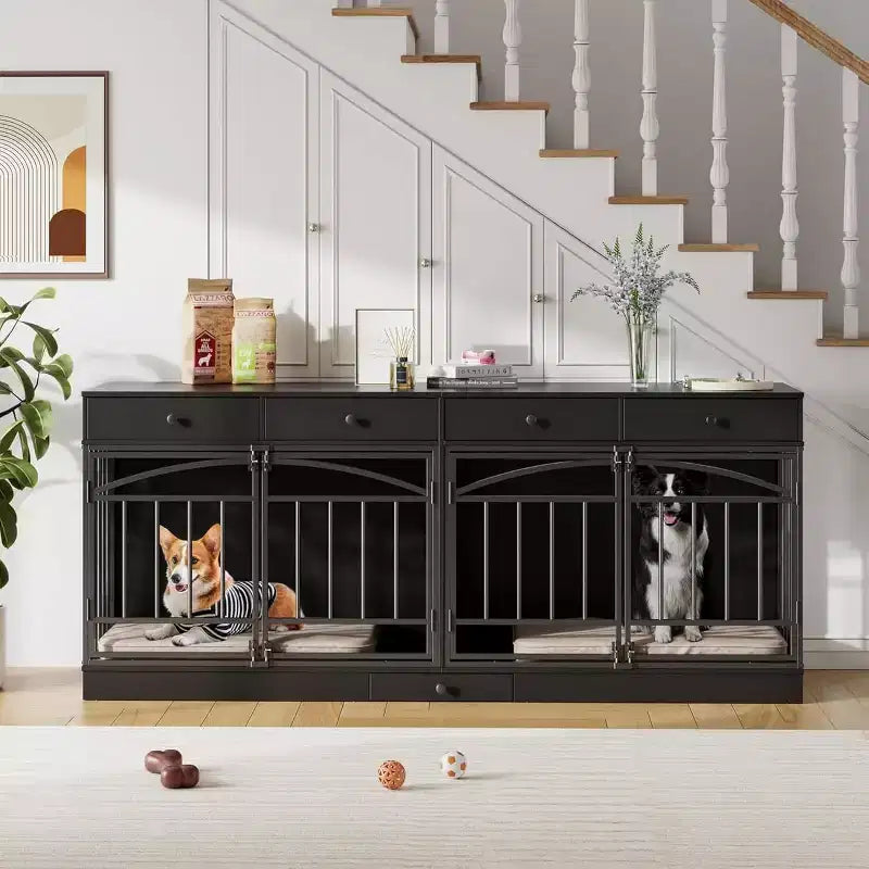 Multi-Functional Dog Crate Furniture, 4 Storage Drawers, Feeding Bowls, TV Stand Function, for Living Room