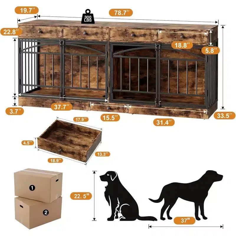 Multi-Functional Dog Crate Furniture, 4 Storage Drawers, Feeding Bowls, TV Stand Function, for Living Room