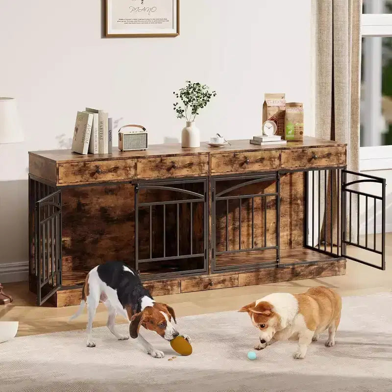 Multi-Functional Dog Crate Furniture, 4 Storage Drawers, Feeding Bowls, TV Stand Function, for Living Room