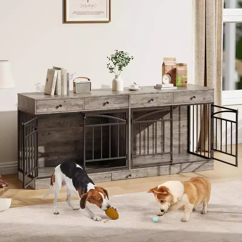 Multi-Functional Dog Crate Furniture, 4 Storage Drawers, Feeding Bowls, TV Stand Function, for Living Room