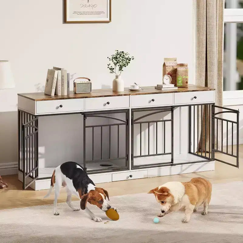 Multi-Functional Dog Crate Furniture, 4 Storage Drawers, Feeding Bowls, TV Stand Function, for Living Room