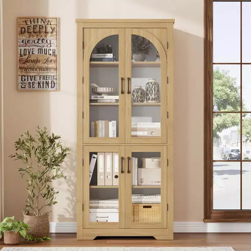 70 Inch Tall Kitchen Pantry Cabinet with 4 Arched Glass Doors, Adjustable Shelves, Storage Organizer for Kitchen Dining Room, Anti-Tip