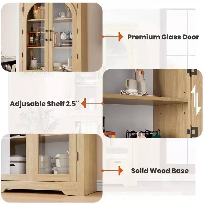 70 Inch Tall Kitchen Pantry Cabinet with 4 Arched Glass Doors, Adjustable Shelves, Storage Organizer for Kitchen Dining Room, Anti-Tip
