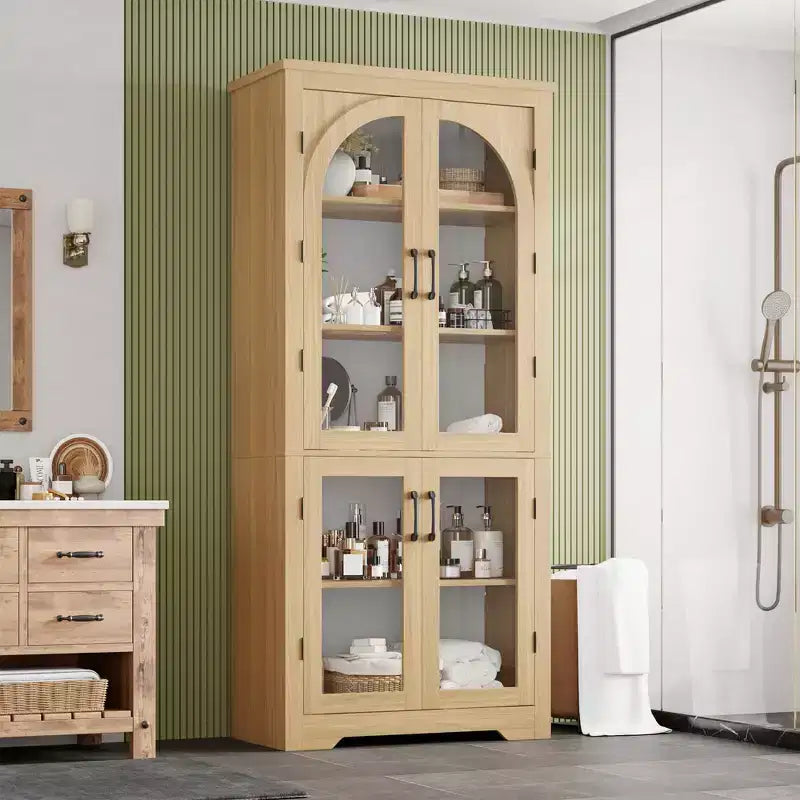 70 Inch Tall Kitchen Pantry Cabinet with 4 Arched Glass Doors, Adjustable Shelves, Storage Organizer for Kitchen Dining Room, Anti-Tip