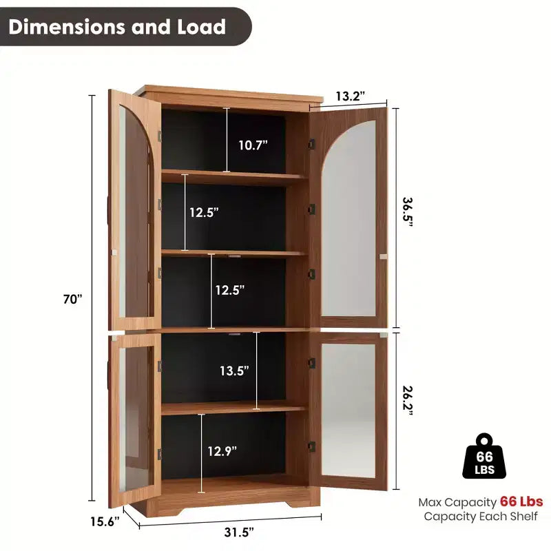 70 Inch Tall Kitchen Pantry Cabinet with 4 Arched Glass Doors, Adjustable Shelves, Storage Organizer for Kitchen Dining Room, Anti-Tip