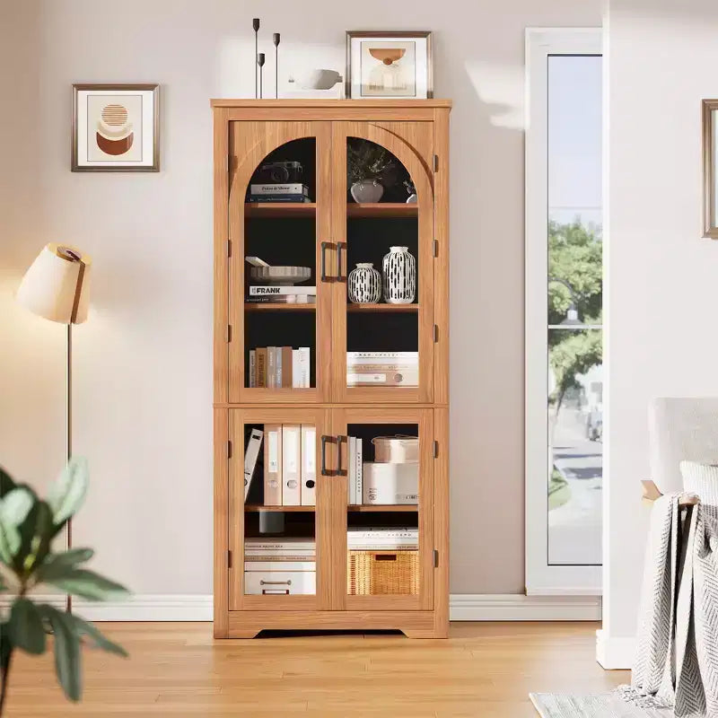 70 Inch Tall Kitchen Pantry Cabinet with 4 Arched Glass Doors, Adjustable Shelves, Storage Organizer for Kitchen Dining Room, Anti-Tip
