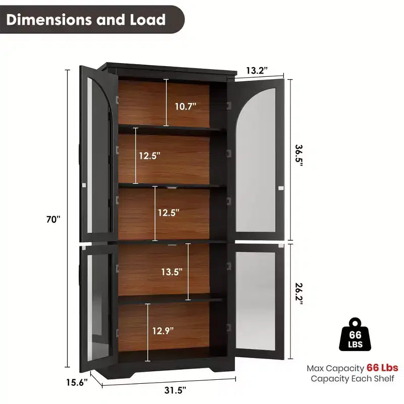 70 Inch Tall Kitchen Pantry Cabinet with 4 Arched Glass Doors, Adjustable Shelves, Storage Organizer for Kitchen Dining Room, Anti-Tip