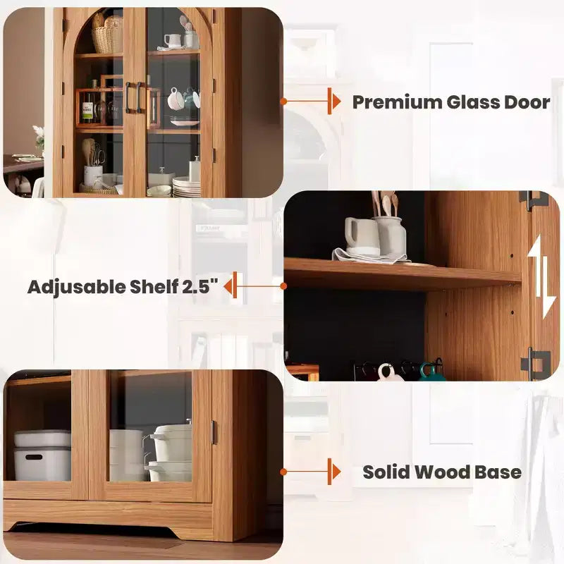 70 Inch Tall Kitchen Pantry Cabinet with 4 Arched Glass Doors, Adjustable Shelves, Storage Organizer for Kitchen Dining Room, Anti-Tip
