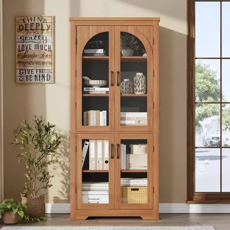 70 Inch Tall Kitchen Pantry Cabinet with 4 Arched Glass Doors, Adjustable Shelves, Storage Organizer for Kitchen Dining Room, Anti-Tip