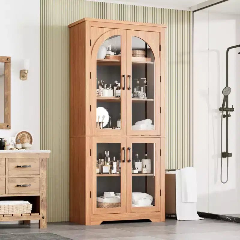 70 Inch Tall Kitchen Pantry Cabinet with 4 Arched Glass Doors, Adjustable Shelves, Storage Organizer for Kitchen Dining Room, Anti-Tip