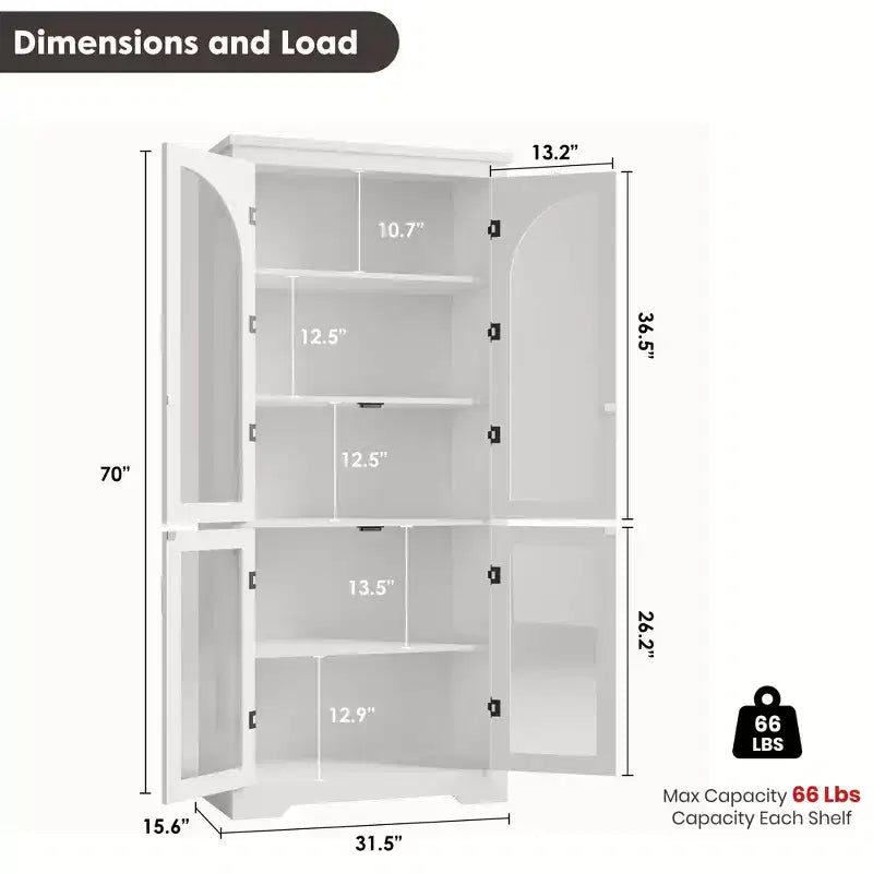 70 Inch Tall Kitchen Pantry Cabinet with 4 Arched Glass Doors, Adjustable Shelves, Storage Organizer for Kitchen Dining Room, Anti-Tip