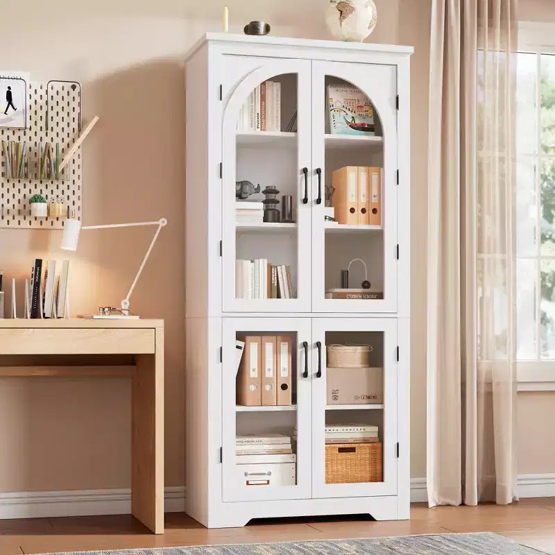 70 Inch Tall Kitchen Pantry Cabinet with 4 Arched Glass Doors, Adjustable Shelves, Storage Organizer for Kitchen Dining Room, Anti-Tip