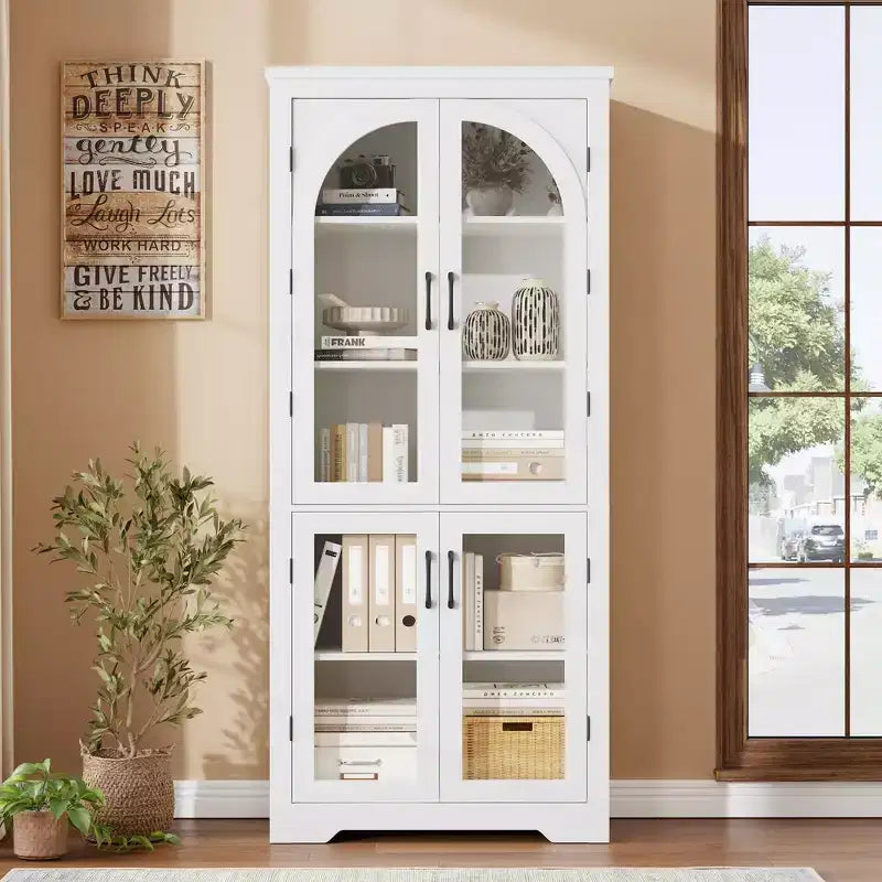 70 Inch Tall Kitchen Pantry Cabinet with 4 Arched Glass Doors, Adjustable Shelves, Storage Organizer for Kitchen Dining Room, Anti-Tip
