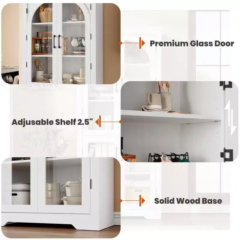70 Inch Tall Kitchen Pantry Cabinet with 4 Arched Glass Doors, Adjustable Shelves, Storage Organizer for Kitchen Dining Room, Anti-Tip