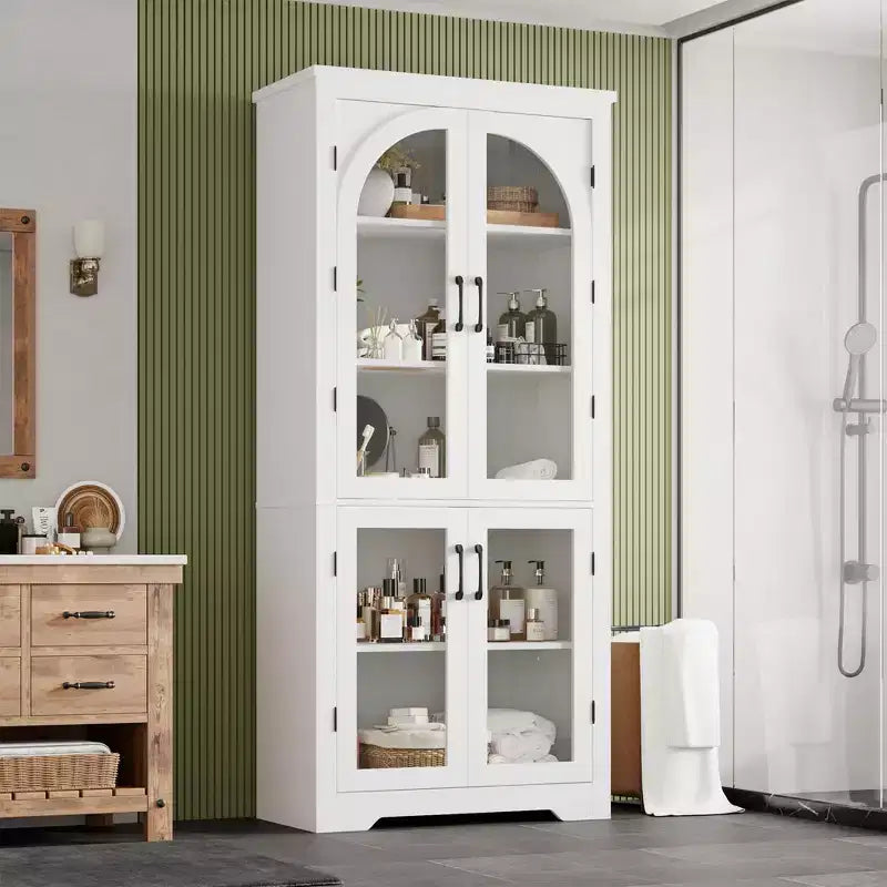 70 Inch Tall Kitchen Pantry Cabinet with 4 Arched Glass Doors, Adjustable Shelves, Storage Organizer for Kitchen Dining Room, Anti-Tip