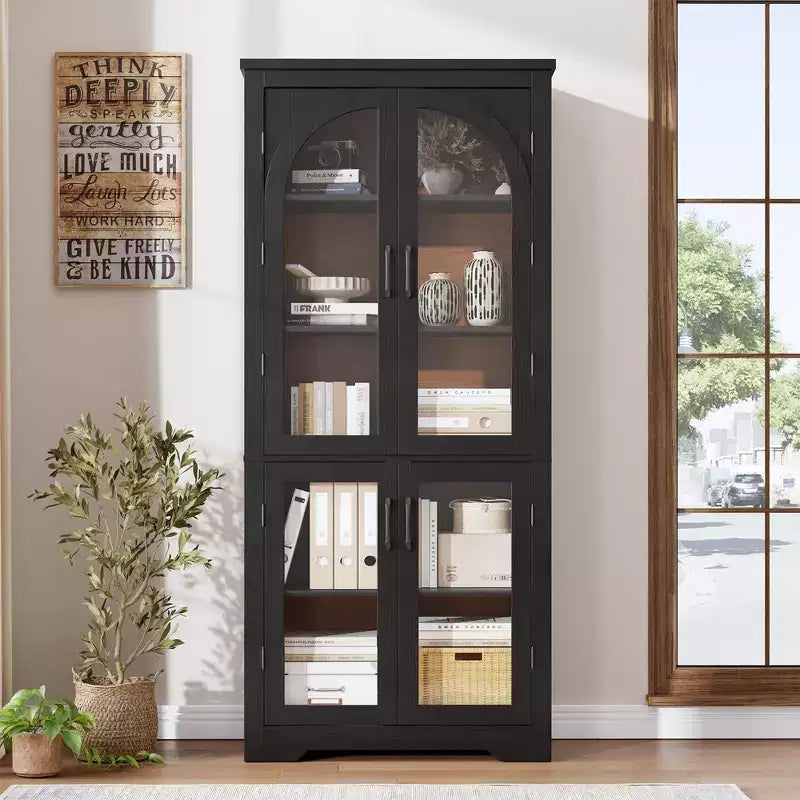 70 Inch Tall Kitchen Pantry Cabinet with 4 Arched Glass Doors, Adjustable Shelves, Storage Organizer for Kitchen Dining Room, Anti-Tip