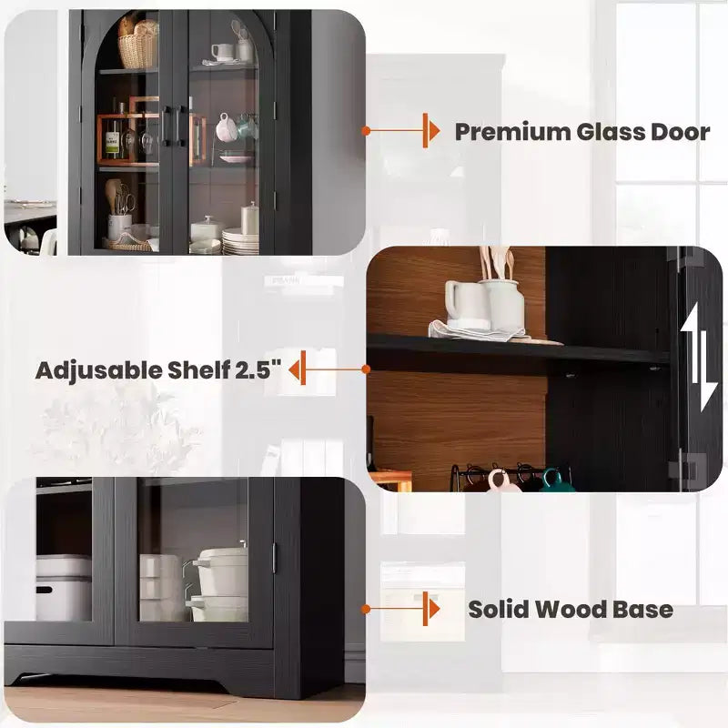 70 Inch Tall Kitchen Pantry Cabinet with 4 Arched Glass Doors, Adjustable Shelves, Storage Organizer for Kitchen Dining Room, Anti-Tip