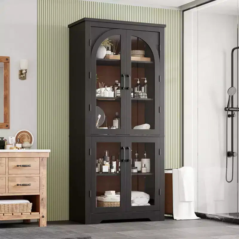 70 Inch Tall Kitchen Pantry Cabinet with 4 Arched Glass Doors, Adjustable Shelves, Storage Organizer for Kitchen Dining Room, Anti-Tip