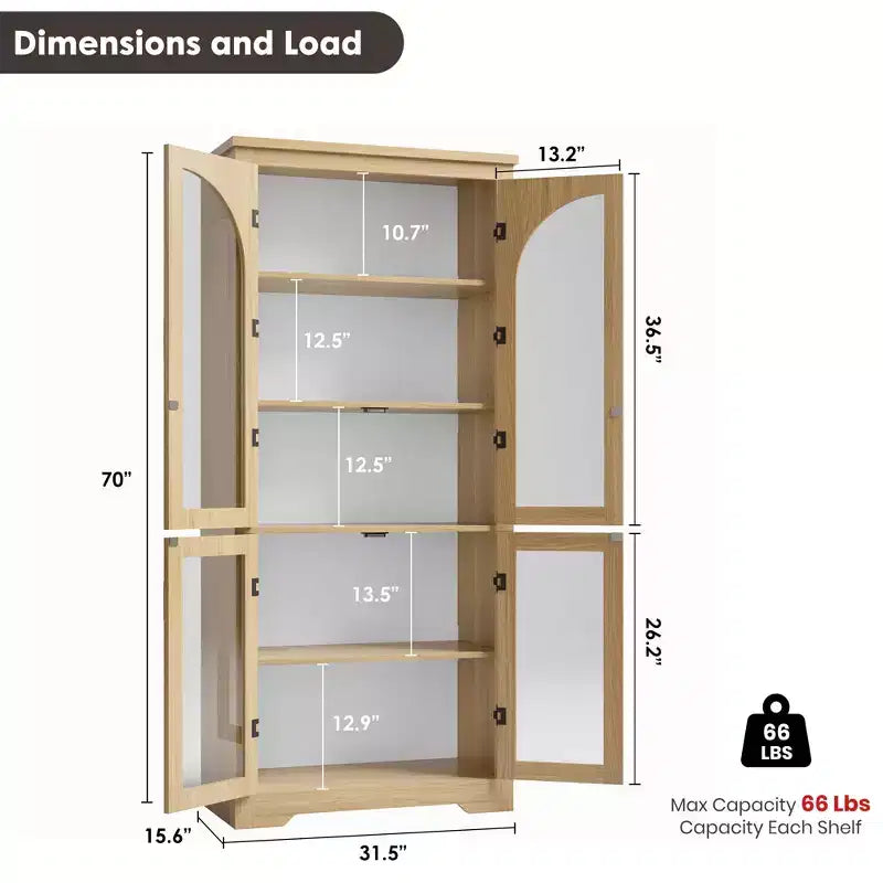 70 Inch Tall Kitchen Pantry Cabinet with 4 Arched Glass Doors, Adjustable Shelves, Storage Organizer for Kitchen Dining Room, Anti-Tip