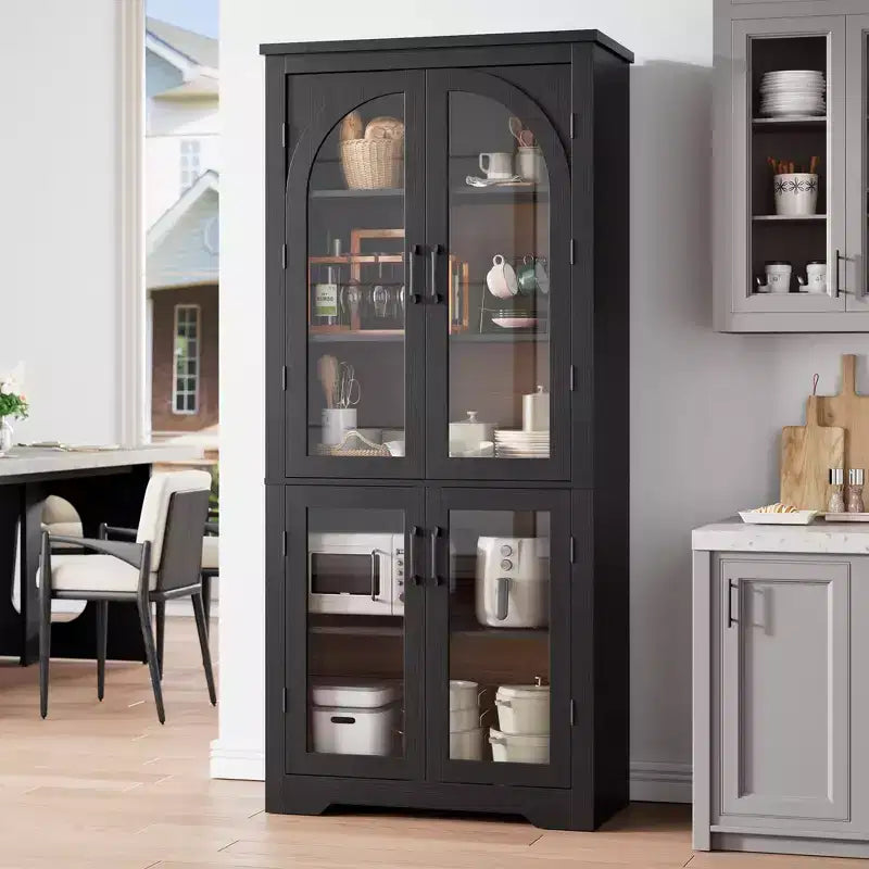 70 Inch Tall Kitchen Pantry Cabinet with 4 Arched Glass Doors, Adjustable Shelves, Storage Organizer for Kitchen Dining Room, Anti-Tip
