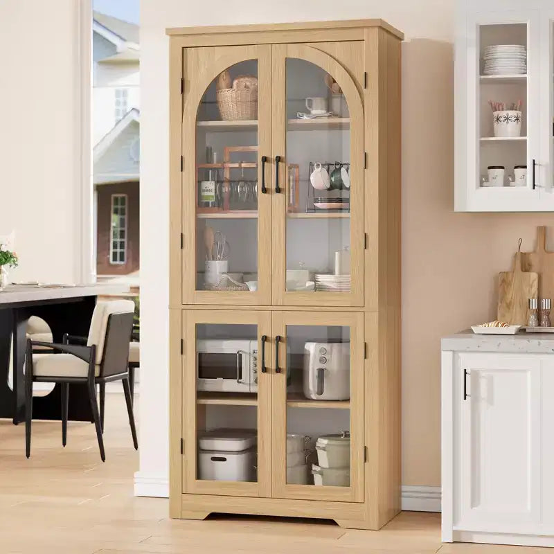 70 Inch Tall Kitchen Pantry Cabinet with 4 Arched Glass Doors, Adjustable Shelves, Storage Organizer for Kitchen Dining Room, Anti-Tip