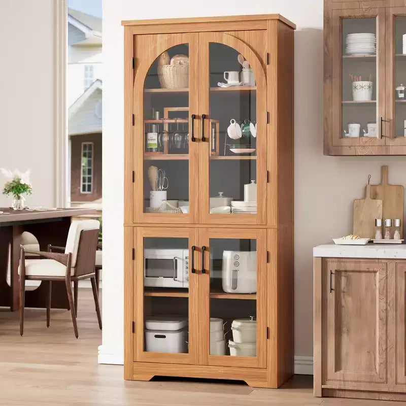 70 Inch Tall Kitchen Pantry Cabinet with 4 Arched Glass Doors, Adjustable Shelves, Storage Organizer for Kitchen Dining Room, Anti-Tip