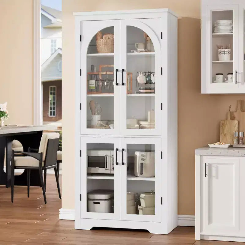 70 Inch Tall Kitchen Pantry Cabinet with 4 Arched Glass Doors, Adjustable Shelves, Storage Organizer for Kitchen Dining Room, Anti-Tip