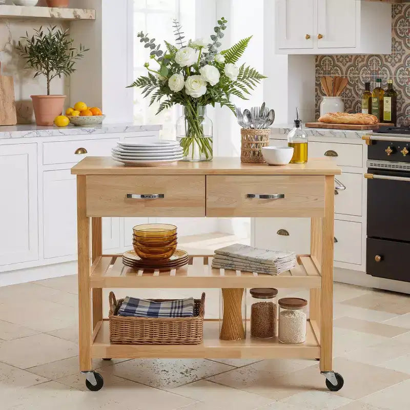 PexFix 42 Solid Wood Rolling Kitchen Cart 3-Tier Kitchen Island Cart with 2 Storage Drawers Lockable Wheels & Towel Rack Mobile Kitchen Trolley