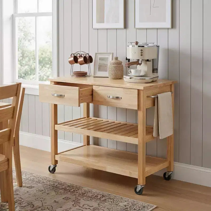 PexFix 42 Solid Wood Rolling Kitchen Cart 3-Tier Kitchen Island Cart with 2 Storage Drawers Lockable Wheels & Towel Rack Mobile Kitchen Trolley