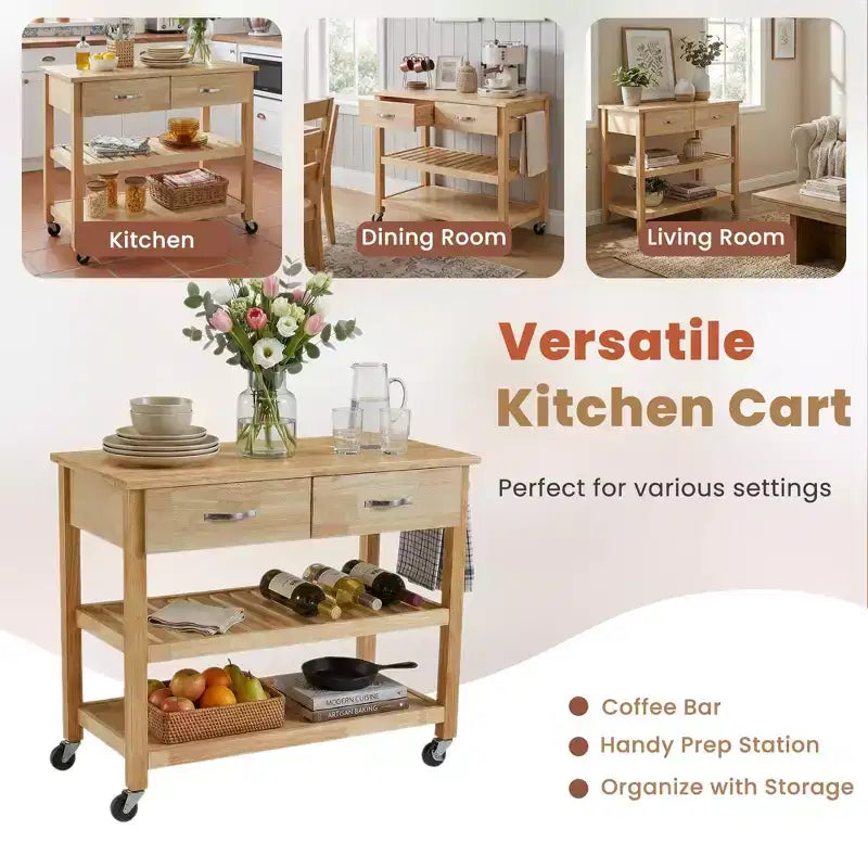 PexFix 42 Solid Wood Rolling Kitchen Cart 3-Tier Kitchen Island Cart with 2 Storage Drawers Lockable Wheels & Towel Rack Mobile Kitchen Trolley