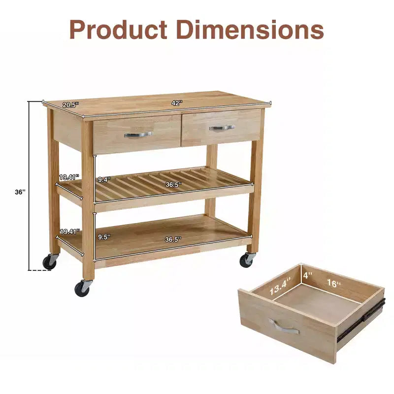 PexFix 42 Solid Wood Rolling Kitchen Cart 3-Tier Kitchen Island Cart with 2 Storage Drawers Lockable Wheels & Towel Rack Mobile Kitchen Trolley