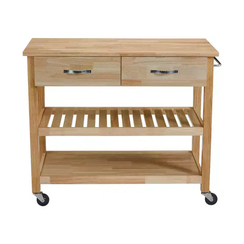 PexFix 42 Solid Wood Rolling Kitchen Cart 3-Tier Kitchen Island Cart with 2 Storage Drawers Lockable Wheels & Towel Rack Mobile Kitchen Trolley