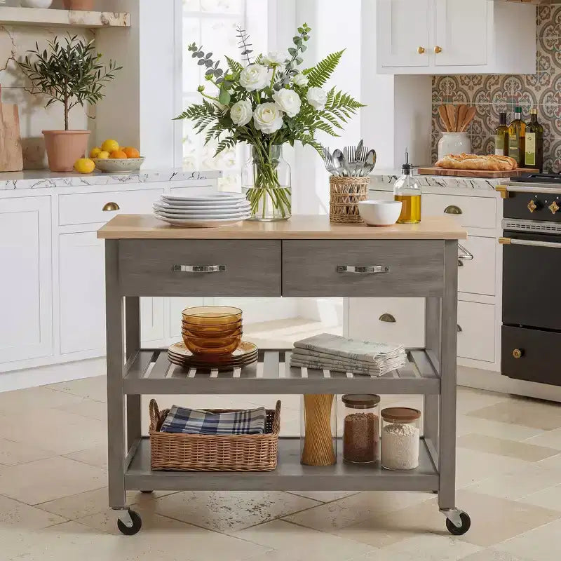 PexFix 42 Solid Wood Rolling Kitchen Cart 3-Tier Kitchen Island Cart with 2 Storage Drawers Lockable Wheels & Towel Rack Mobile Kitchen Trolley