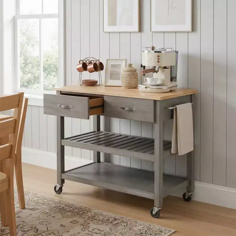 PexFix 42 Solid Wood Rolling Kitchen Cart 3-Tier Kitchen Island Cart with 2 Storage Drawers Lockable Wheels & Towel Rack Mobile Kitchen Trolley