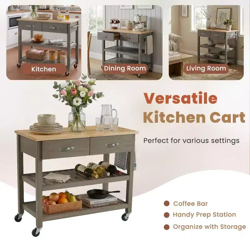 PexFix 42 Solid Wood Rolling Kitchen Cart 3-Tier Kitchen Island Cart with 2 Storage Drawers Lockable Wheels & Towel Rack Mobile Kitchen Trolley