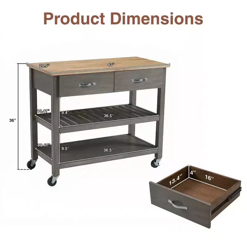 PexFix 42 Solid Wood Rolling Kitchen Cart 3-Tier Kitchen Island Cart with 2 Storage Drawers Lockable Wheels & Towel Rack Mobile Kitchen Trolley