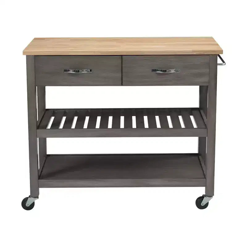 PexFix 42 Solid Wood Rolling Kitchen Cart 3-Tier Kitchen Island Cart with 2 Storage Drawers Lockable Wheels & Towel Rack Mobile Kitchen Trolley