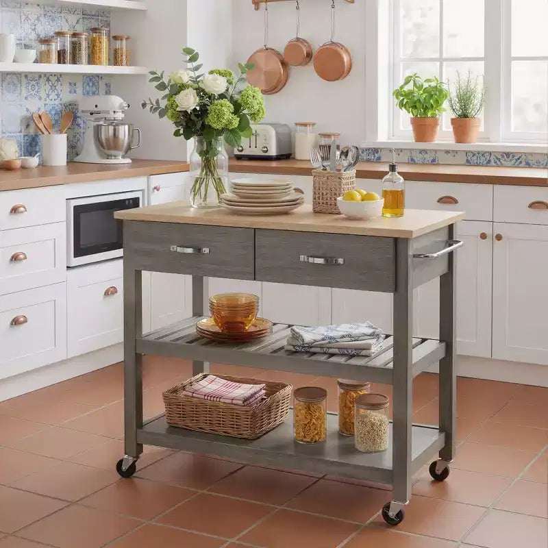 PexFix 42 Solid Wood Rolling Kitchen Cart 3-Tier Kitchen Island Cart with 2 Storage Drawers Lockable Wheels & Towel Rack Mobile Kitchen Trolley