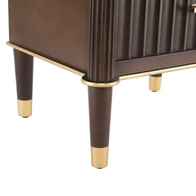 Whisen Nightstand, Bedside Table, End Table with Fluted Drawer, Solid Rubberwood Leg, Gold Handle, 2 Drawers, Walnut, Robot Vacuum Friendly - Walnut