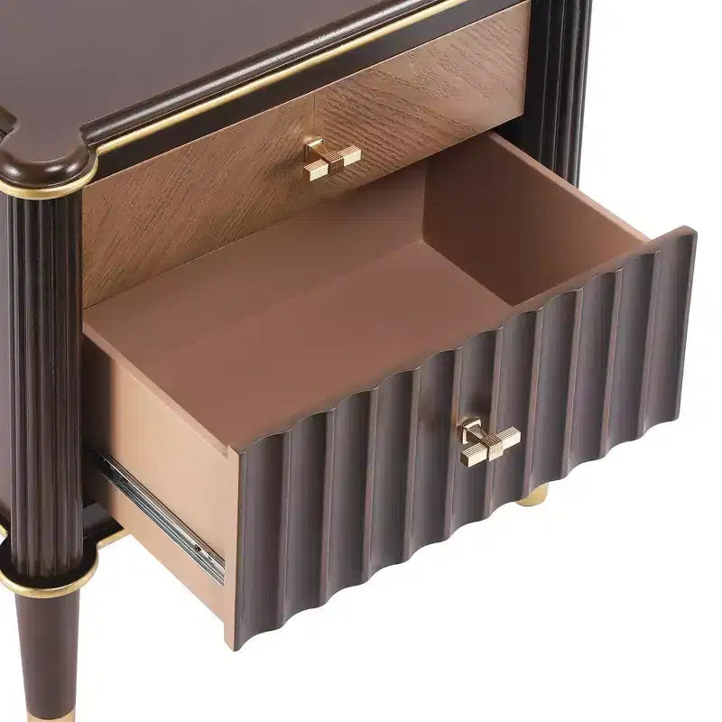 Whisen Nightstand, Bedside Table, End Table with Fluted Drawer, Solid Rubberwood Leg, Gold Handle, 2 Drawers, Walnut, Robot Vacuum Friendly - Walnut