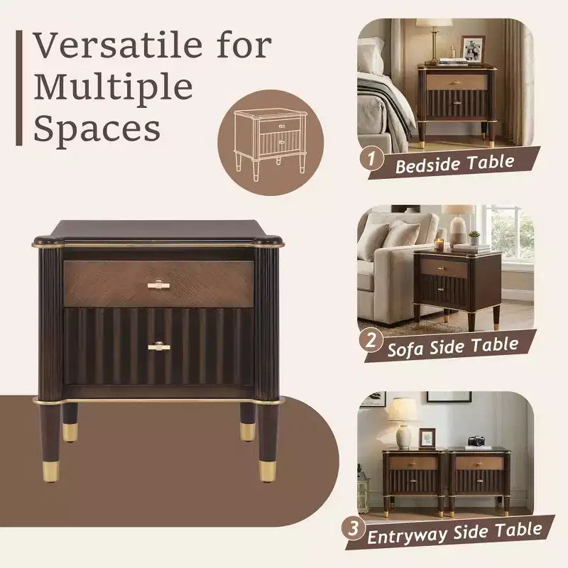 Whisen Nightstand, Bedside Table, End Table with Fluted Drawer, Solid Rubberwood Leg, Gold Handle, 2 Drawers, Walnut, Robot Vacuum Friendly - Walnut