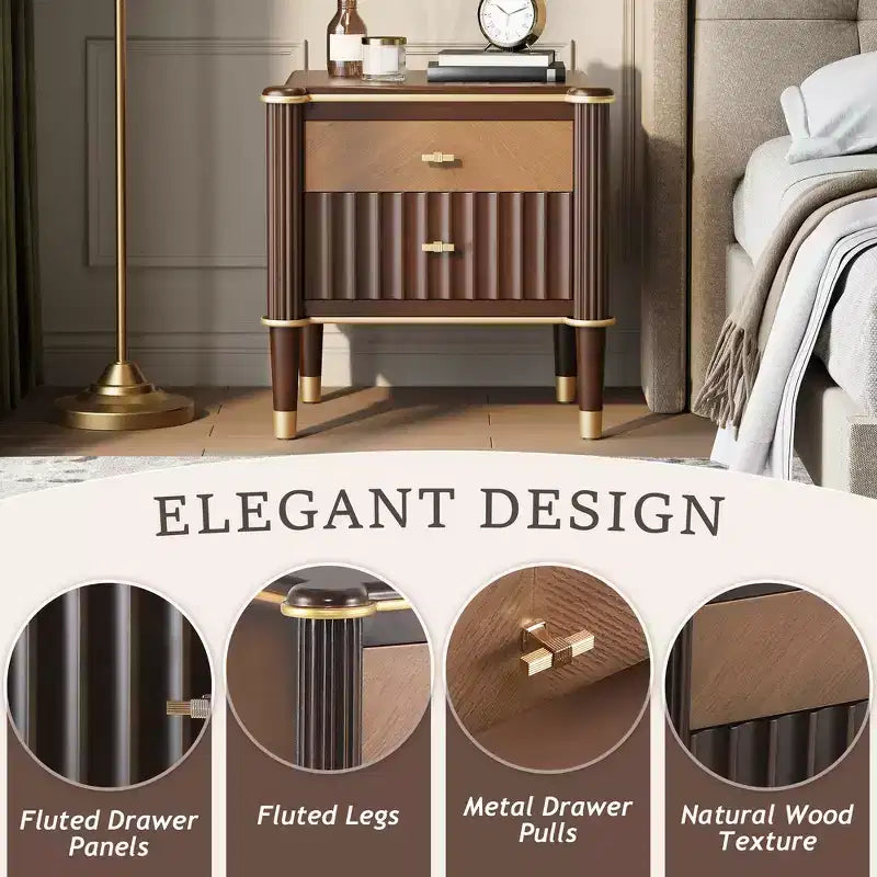 Whisen Nightstand, Bedside Table, End Table with Fluted Drawer, Solid Rubberwood Leg, Gold Handle, 2 Drawers, Walnut, Robot Vacuum Friendly - Walnut