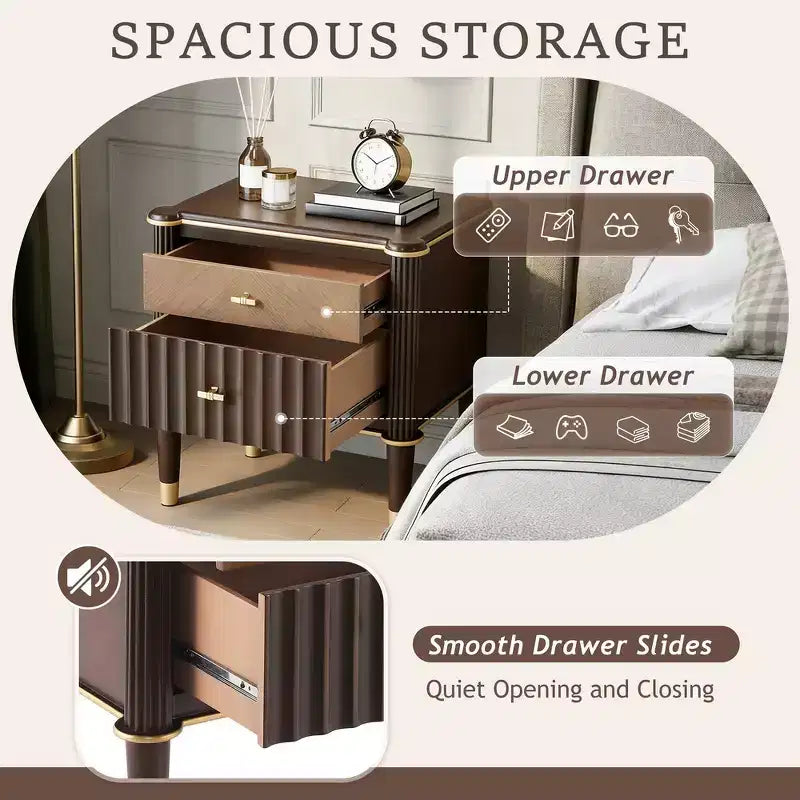 Whisen Nightstand, Bedside Table, End Table with Fluted Drawer, Solid Rubberwood Leg, Gold Handle, 2 Drawers, Walnut, Robot Vacuum Friendly - Walnut