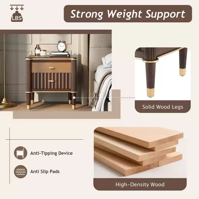 Whisen Nightstand, Bedside Table, End Table with Fluted Drawer, Solid Rubberwood Leg, Gold Handle, 2 Drawers, Walnut, Robot Vacuum Friendly - Walnut