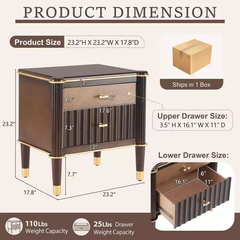 Whisen Nightstand, Bedside Table, End Table with Fluted Drawer, Solid Rubberwood Leg, Gold Handle, 2 Drawers, Walnut, Robot Vacuum Friendly - Walnut