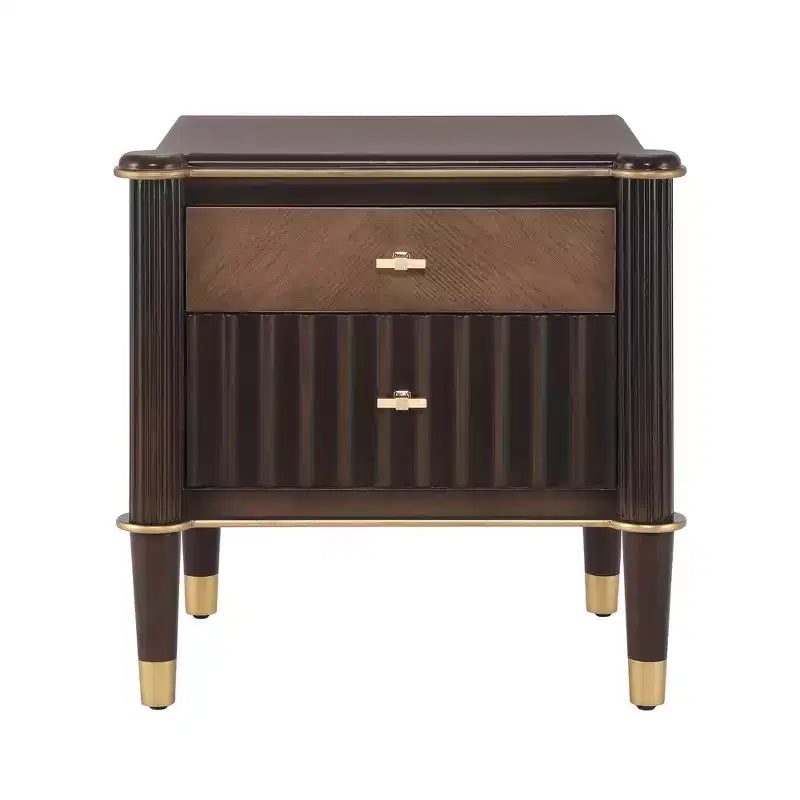Whisen Nightstand, Bedside Table, End Table with Fluted Drawer, Solid Rubberwood Leg, Gold Handle, 2 Drawers, Walnut, Robot Vacuum Friendly - Walnut