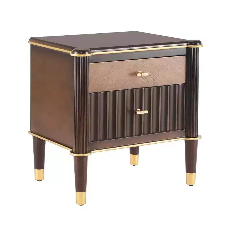 Whisen Nightstand, Bedside Table, End Table with Fluted Drawer, Solid Rubberwood Leg, Gold Handle, 2 Drawers, Walnut, Robot Vacuum Friendly - Walnut