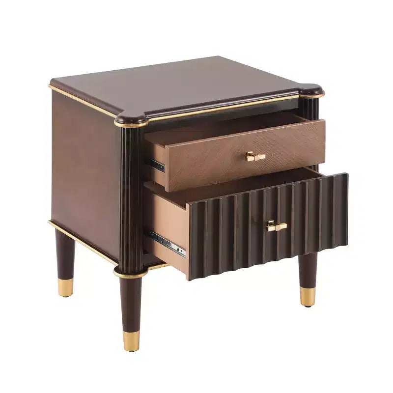 Whisen Nightstand, Bedside Table, End Table with Fluted Drawer, Solid Rubberwood Leg, Gold Handle, 2 Drawers, Walnut, Robot Vacuum Friendly - Walnut