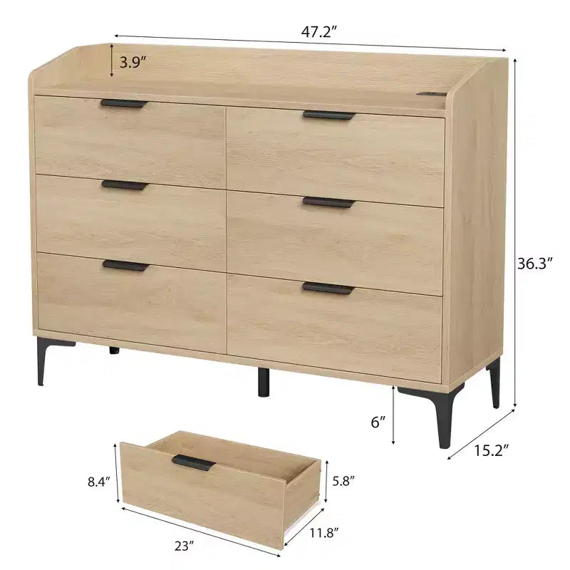 Garvee 6 Dresser with Power Outlets, Freestanding 47.2 Wide Drawer Dresser , Wooden Closet Storage Chest for Bedroom, Living Room