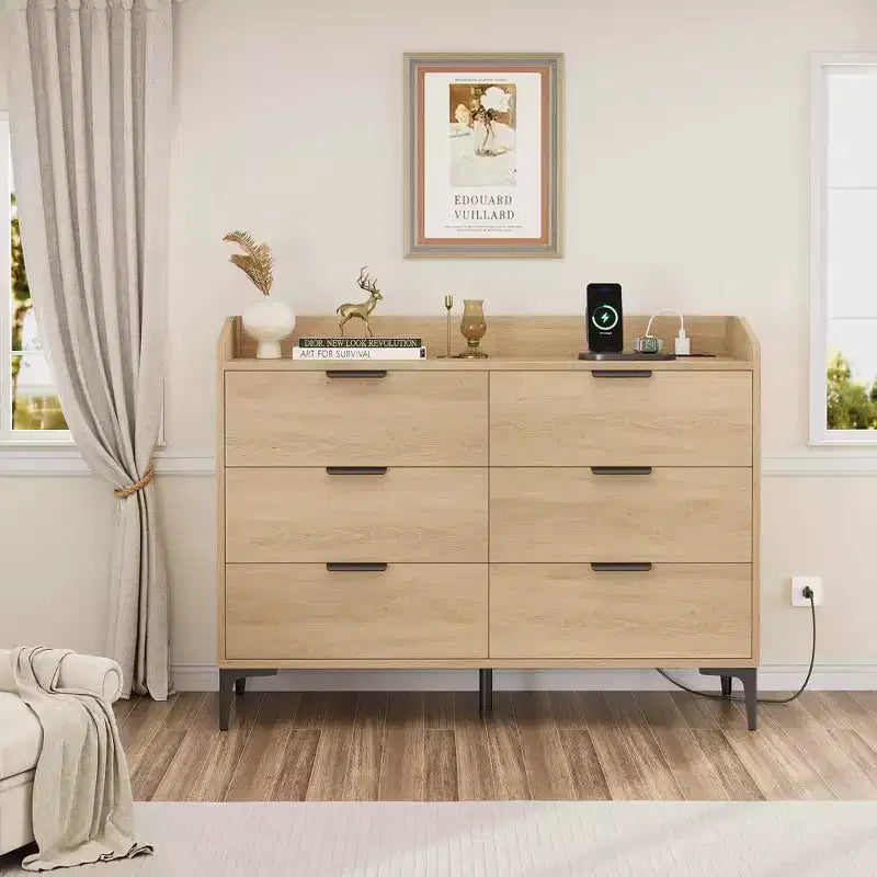 Garvee 6 Dresser with Power Outlets, Freestanding 47.2 Wide Drawer Dresser , Wooden Closet Storage Chest for Bedroom, Living Room